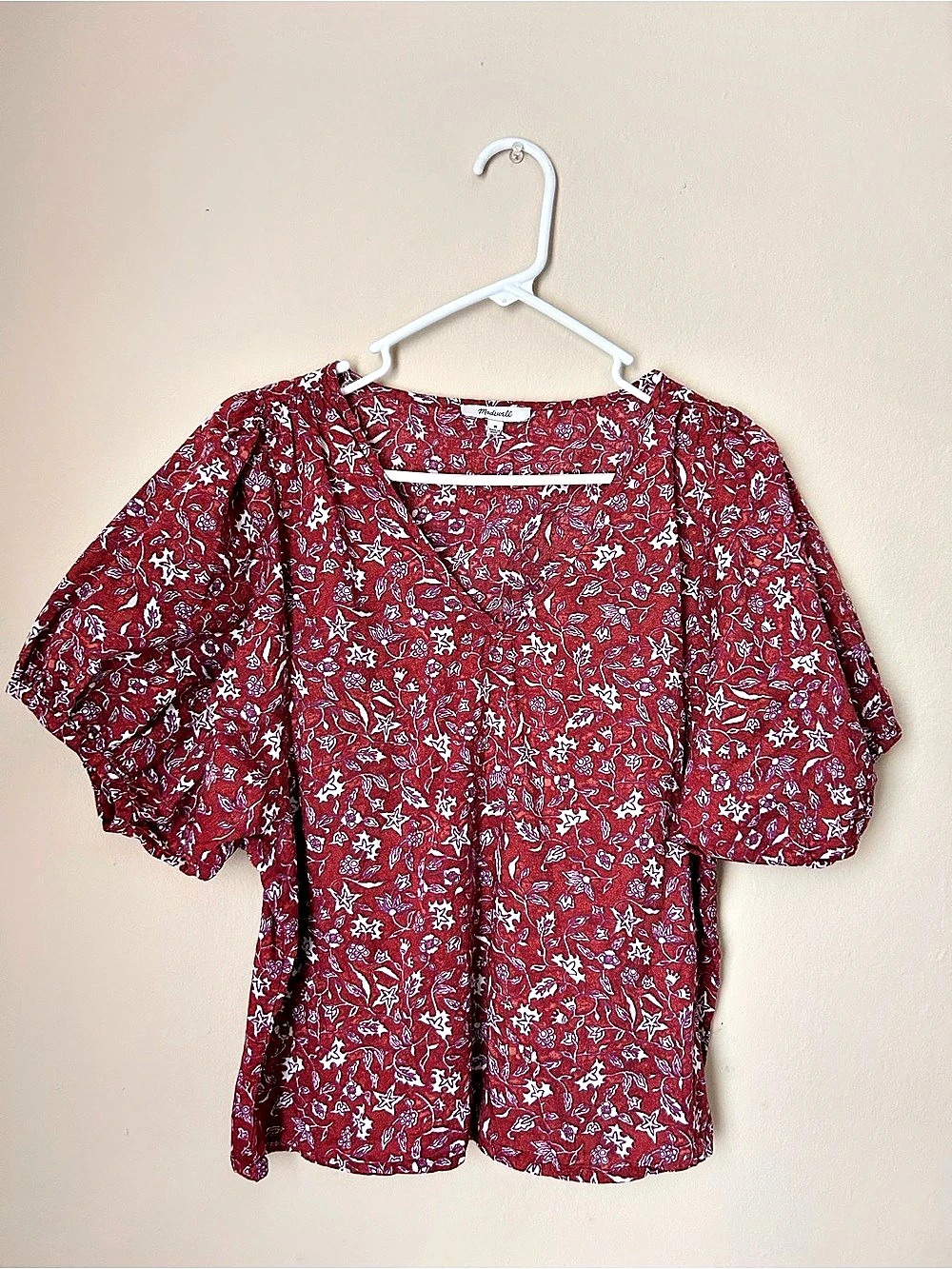 Madewell Rust Red Floral V-Neck Puff Sleeve Top Red & White Medium